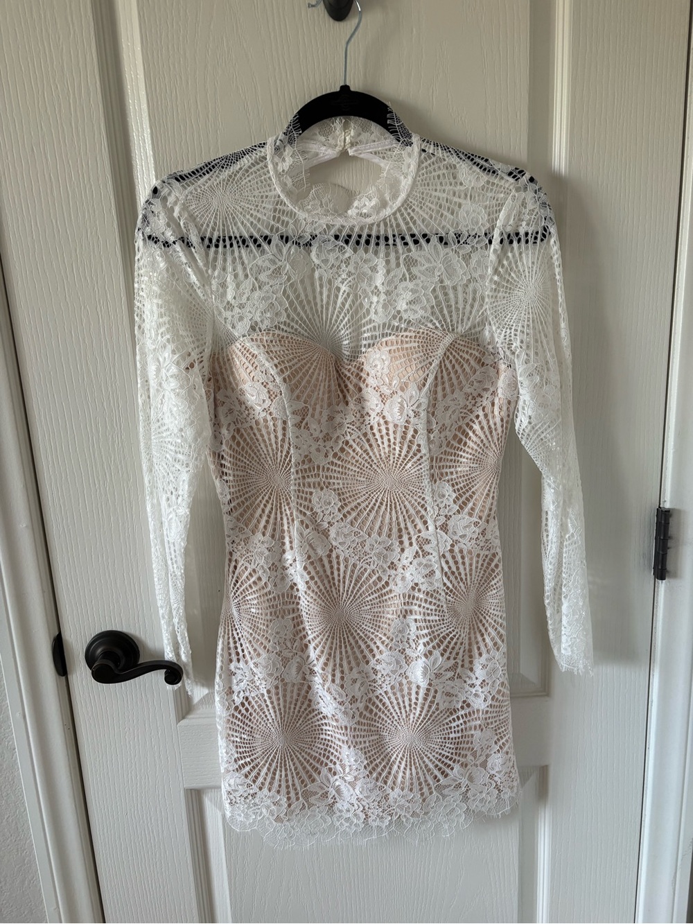 Bebe Lace Overlay Bodycon Dress with Long Sleeves